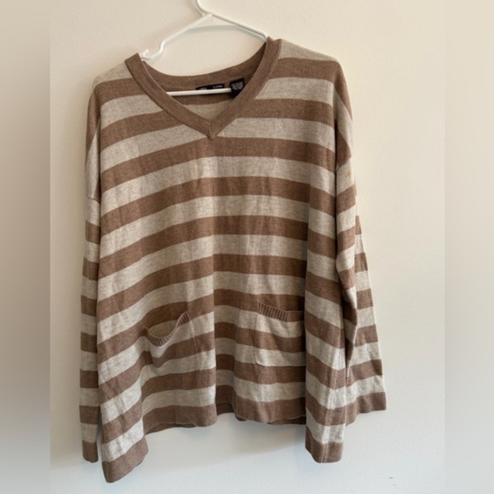 Linda Matthews New York Striped V-Neck Sweater with Pockets - oversized